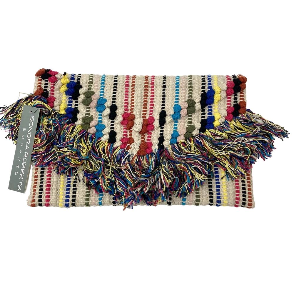NWT Sondra Roberts Boho Woven Fringe Clutch Bag Colorful Rainbow Pom Pom Tassels